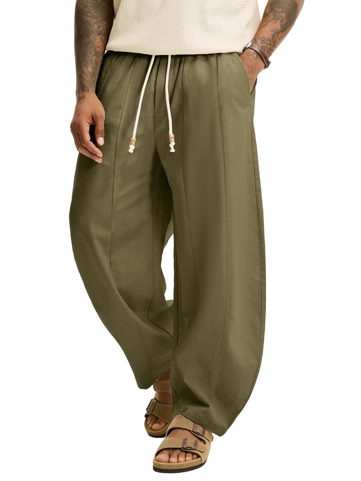 JEMLDL Men's Baggy Linen Cotton Pants Drawstring Summer Beach Vacation Pant