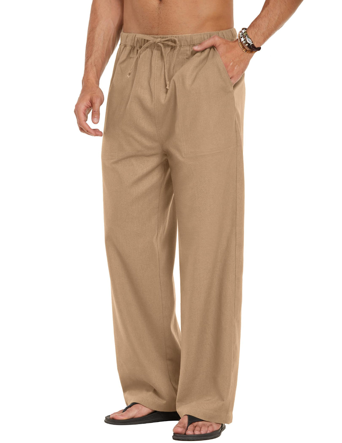 COOFANDY Men Linen Pants Casual Elastic Waist Drawstring Pants Summer Beach