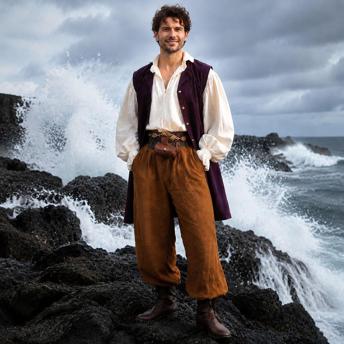 Men’s Renaissance Pirate Pants Wide Leg Cotton Medieval Trousers with Pockets for Ren Faire Cosplay
