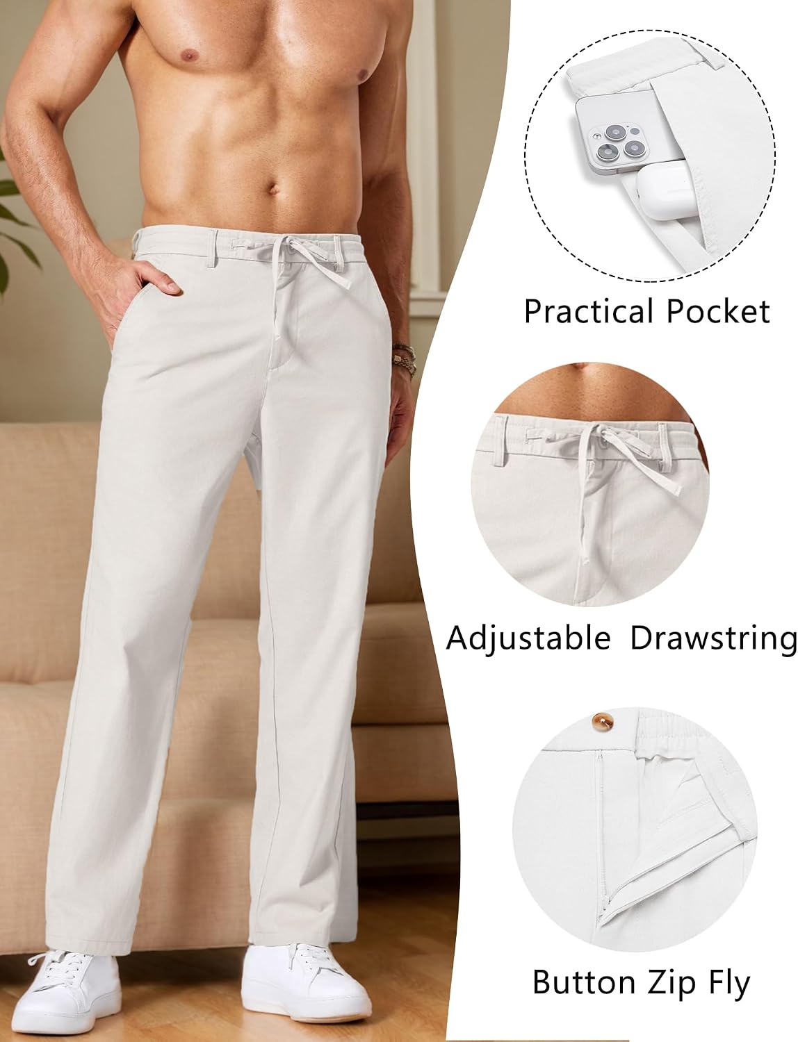 COOFANDY Men's Cotton Linen Pants [Relaxed Fit ] Casual Drawstring Dress Pants Beach Summer Lightweight Trousers