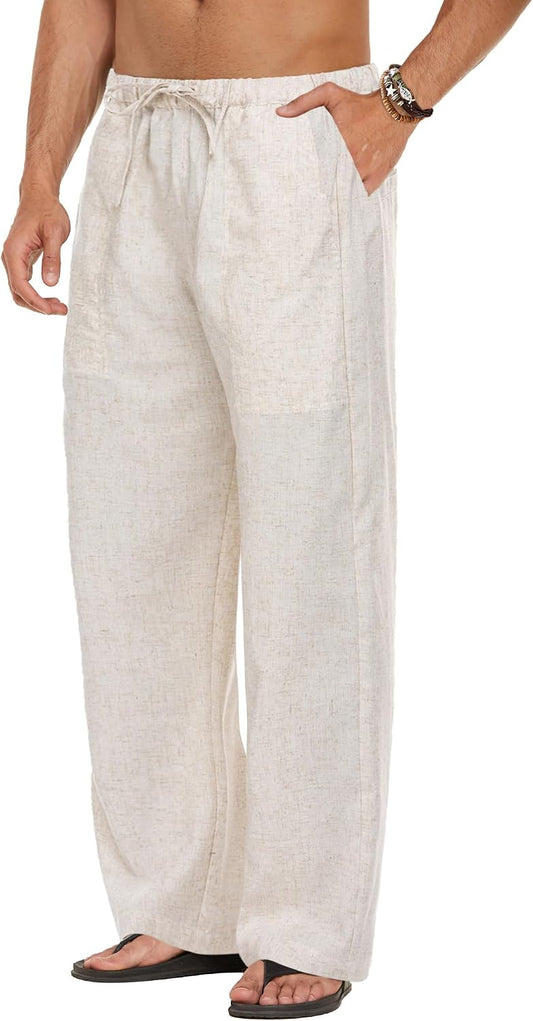 COOFANDY Men Linen Pants Casual Elastic Waist Drawstring Pants Summer Beach