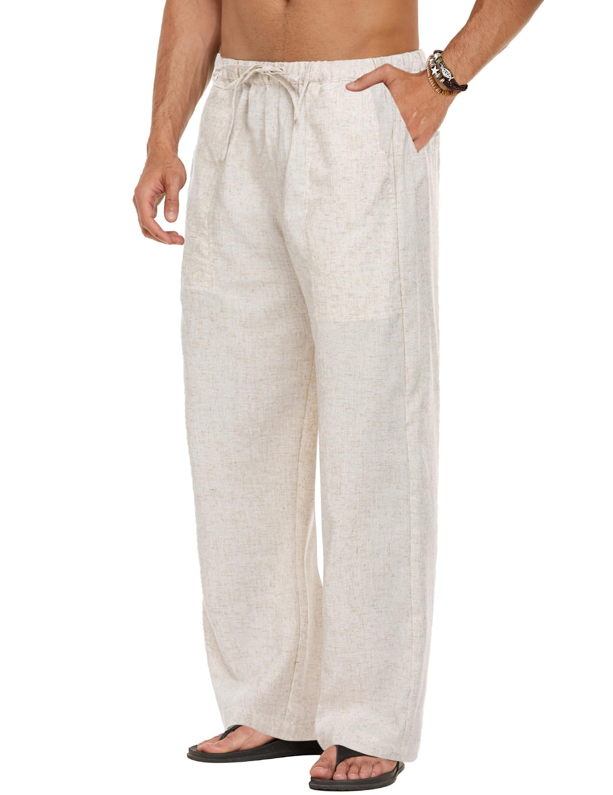COOFANDY Men Linen Pants Casual Elastic Waist Drawstring Pants Summer Beach