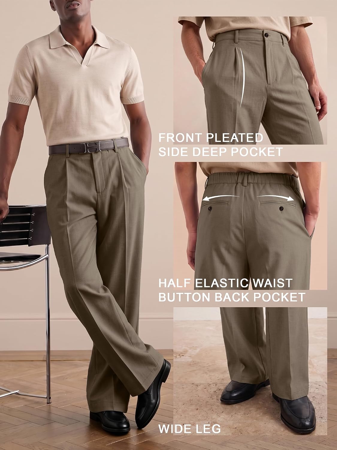 Comdecevis Men's Wide Leg Pleated Loose Fit Casual Dress Pants