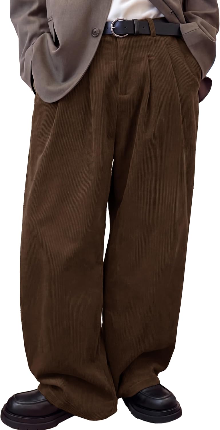 Runcati Mens Corduroy Baggy Pants Wide Leg Casual Fall Dress Slacks