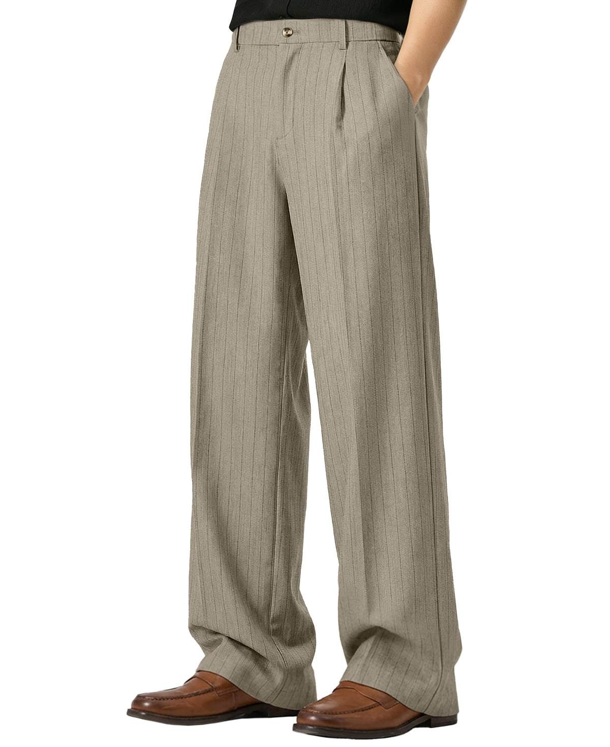 Susclude Mens Pinstripe Casual Dress Pants Old Money Wide Leg Baggy Pleated Slacks Elastic Wasist Loose Fit Work Trousers