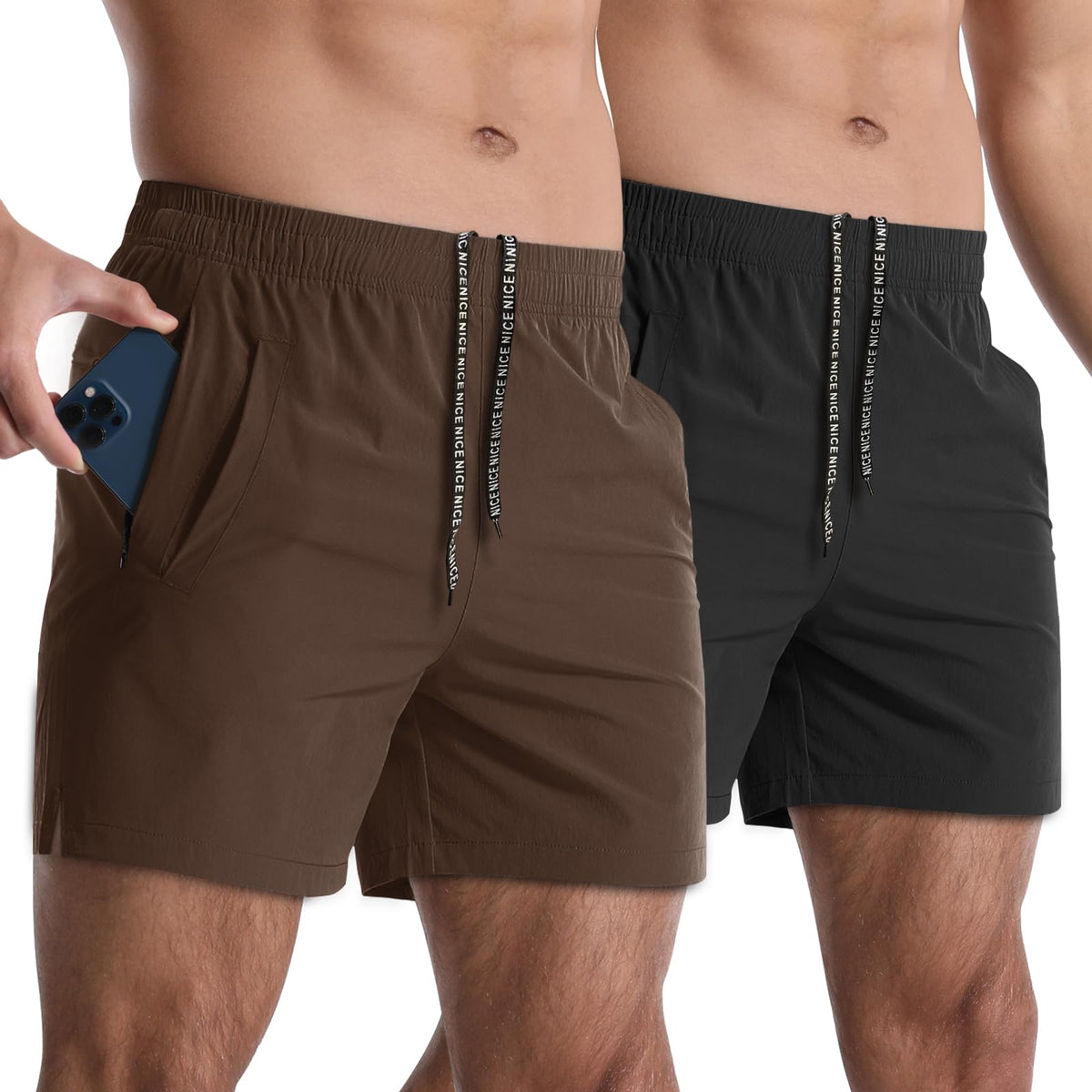 2 Pack Mens Athletic Shorts 5" Gym Workout Running Zipper Pockets