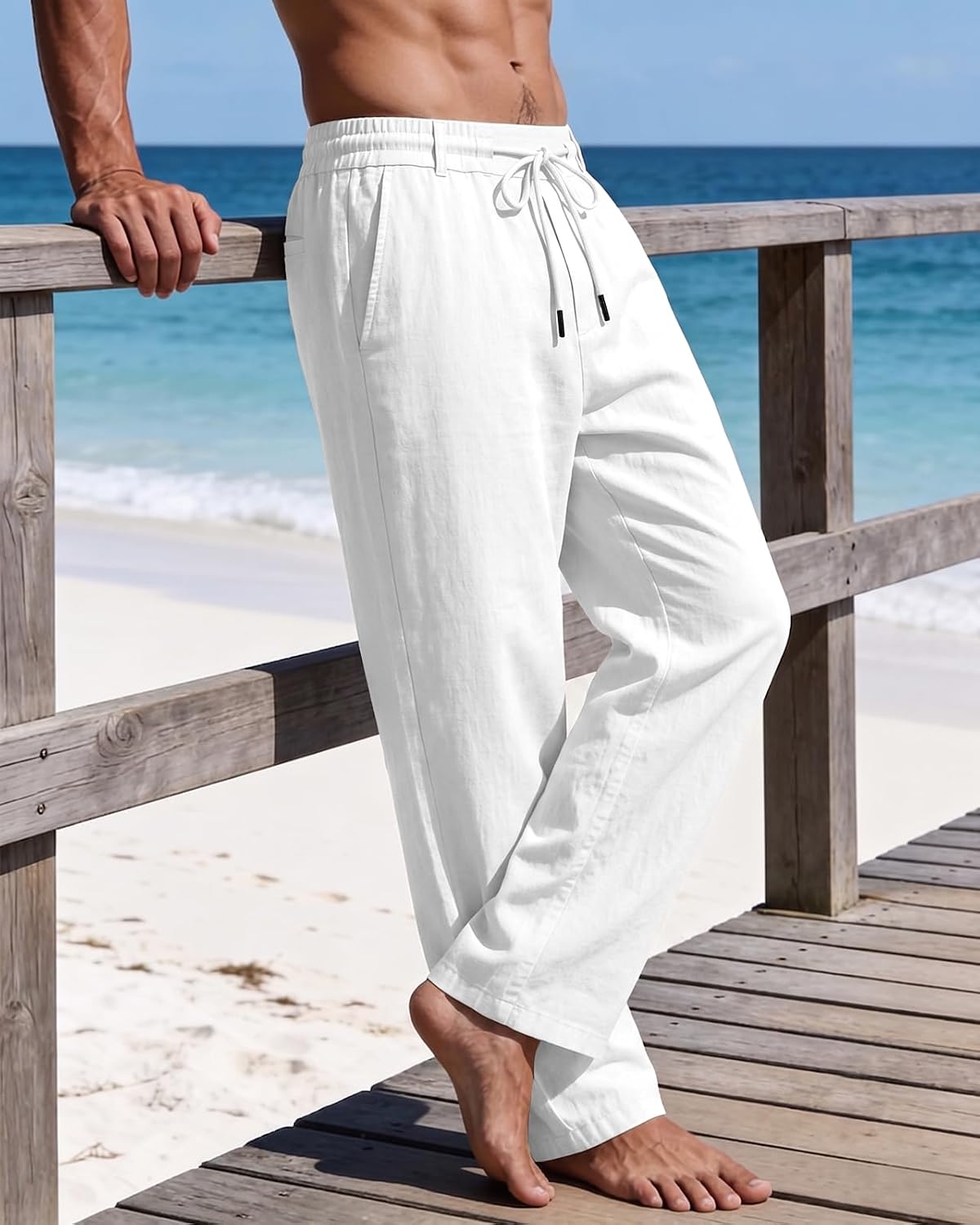 PIDOGYM Men's Cotton Linen Pants Summer Beach Pants Golf Dress Trousers