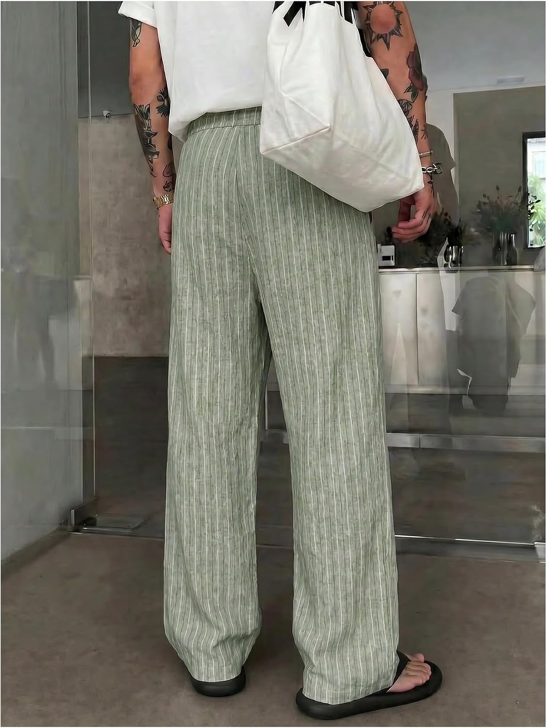 SOLY HUX Men's Striped Baggy Wide Leg Pants Drawstring Pants Trousers
