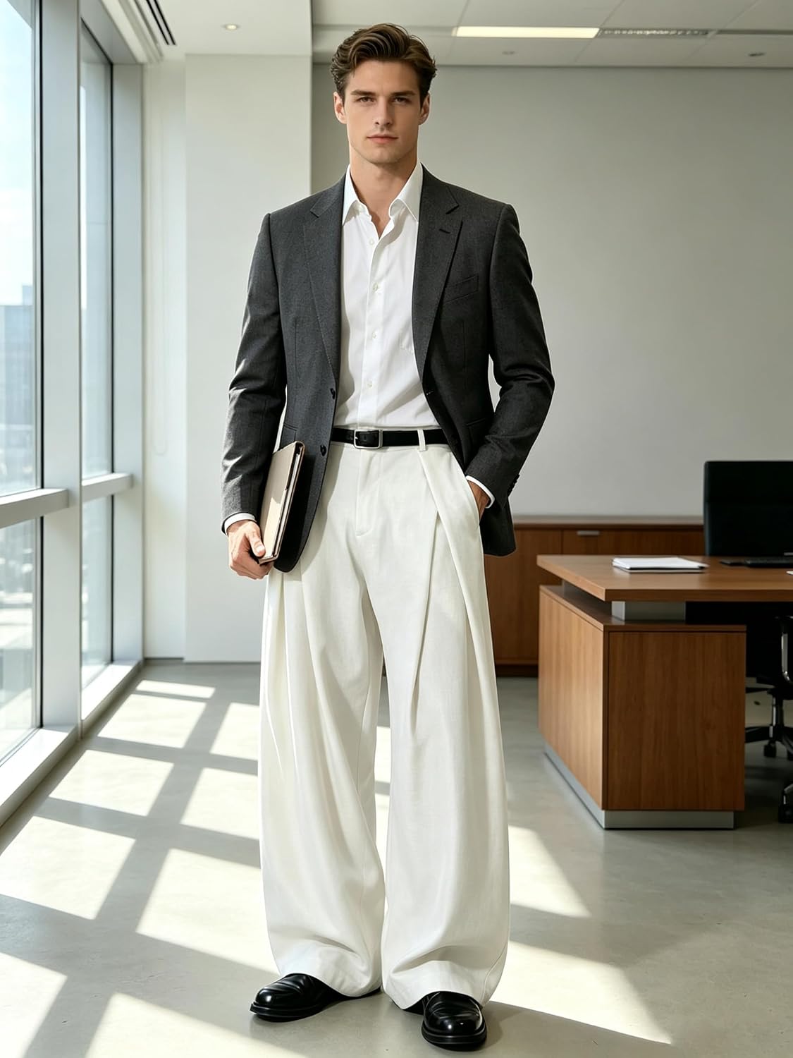 Percle Mens Baggy Casual Pants Elastic Back Waist Pleated Wide Leg Slacks