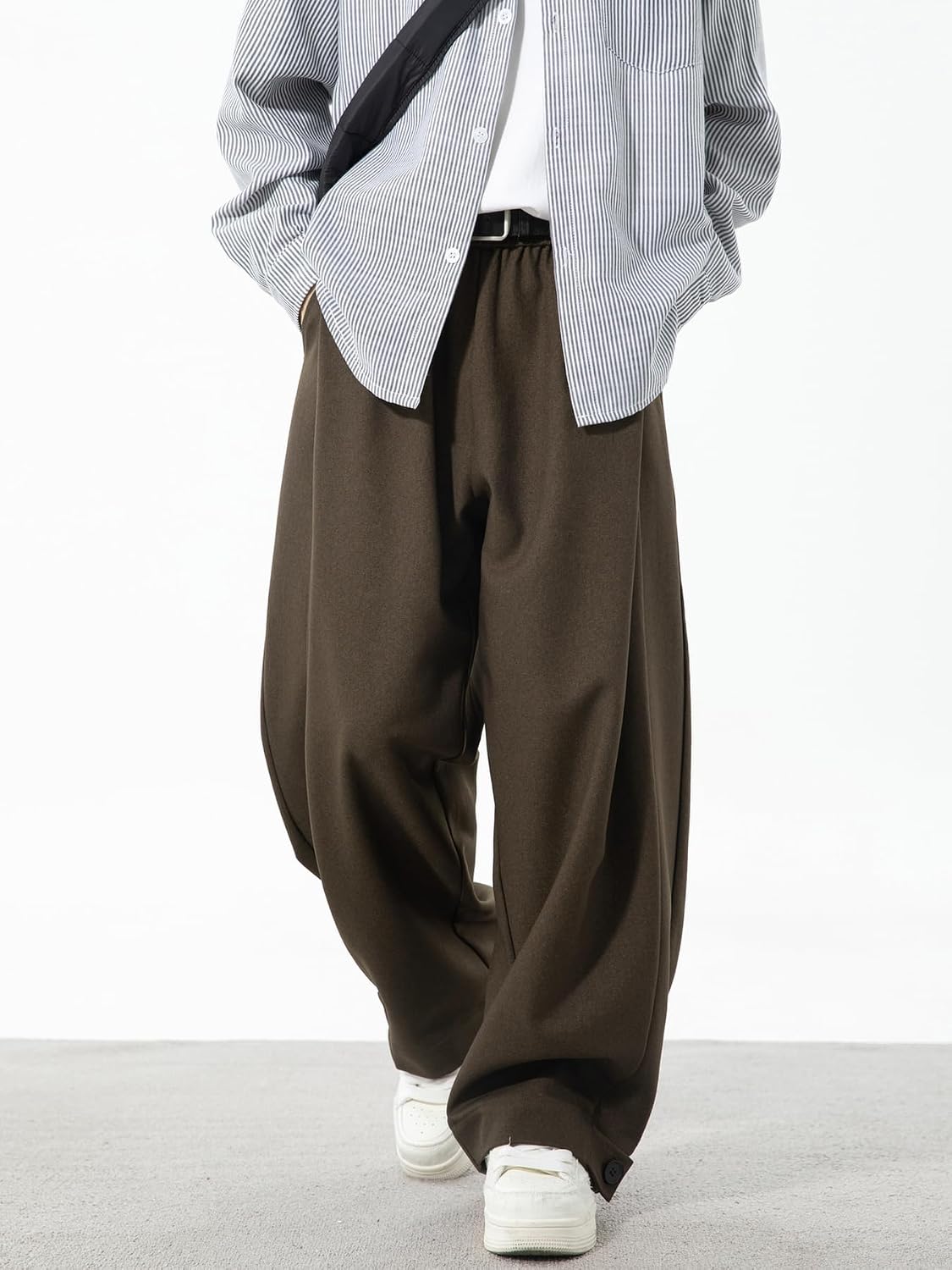 Mens Pleated Wide Leg Baggy Dress Pants Casual Elastic Waist Fall Long Trousers with Pockets