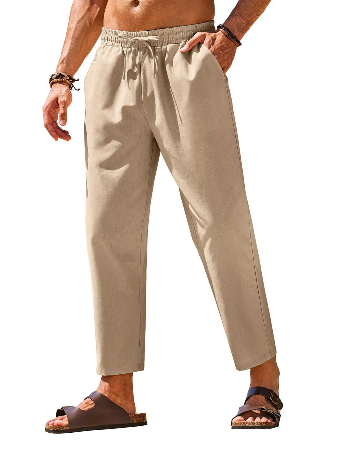 COOFANDY Mens Linen Casual Pants Elastic Drawstring Trousers Summer Pants