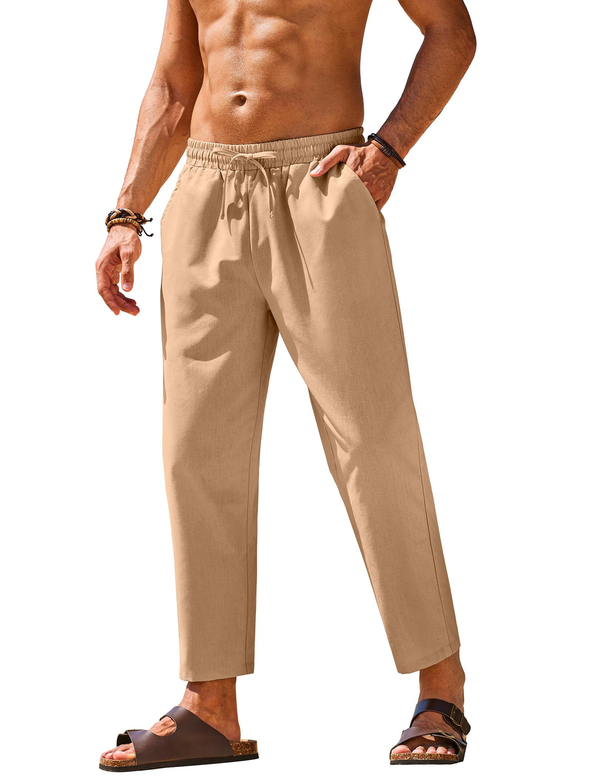 COOFANDY Mens Linen Casual Pants Elastic Drawstring Trousers Summer Pants
