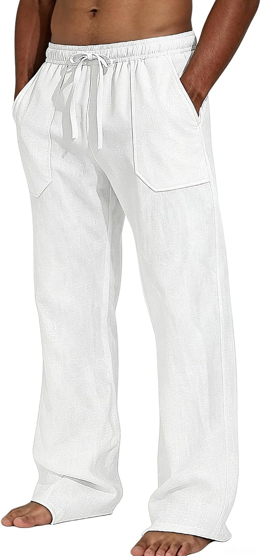 Men's Cotton Linen Casual Pants Elastic Waist Drawstring Loose Straight Leg Lightweight Summer Beach Yoga Lounge Trousers