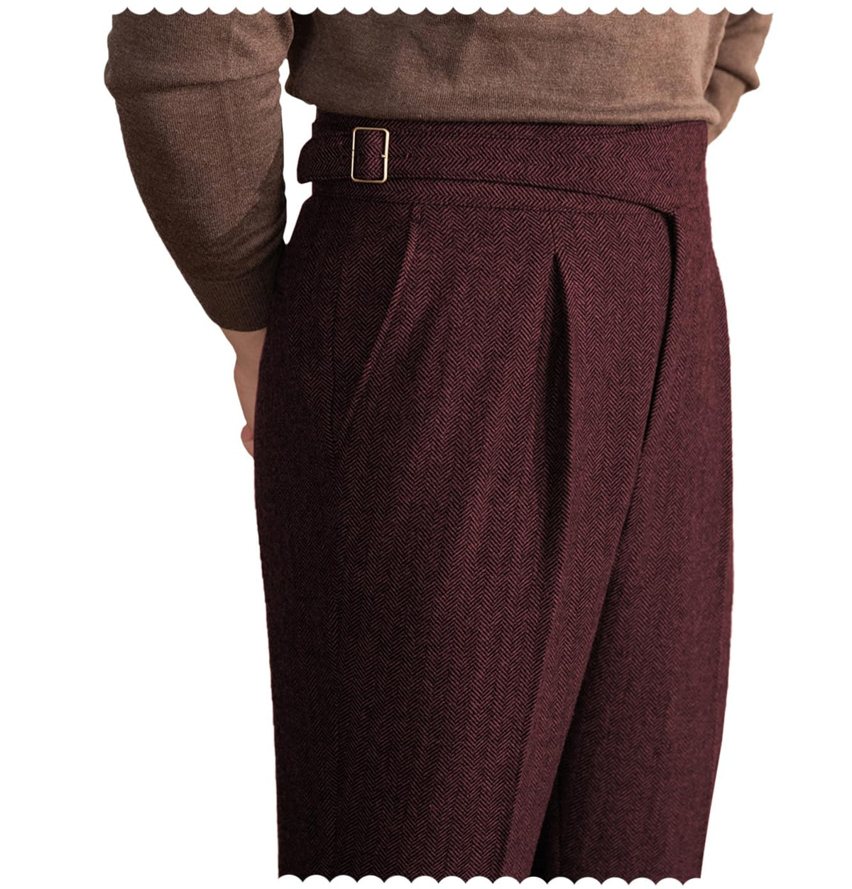 Men Trousers Vintage Tweed Blend Pants Herringbone Slim Fit Pleat-Front Pant