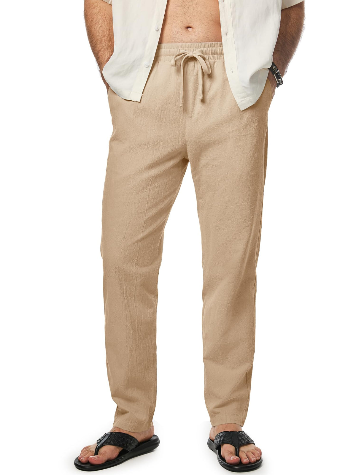 JMIERR Mens 100% Cotton Pants Casual Elastic Waist Drawstring Lightweight Summer Beach Trousers with Pockets