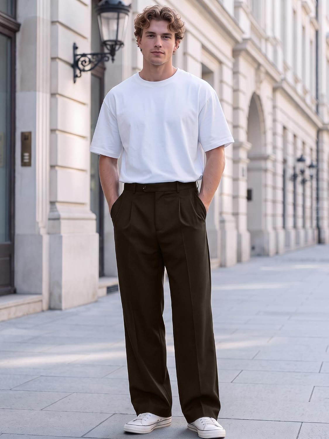 HUNGSON Mens Baggy Casual Dress Pants Pleated Wide Leg Lightweight Slacks
