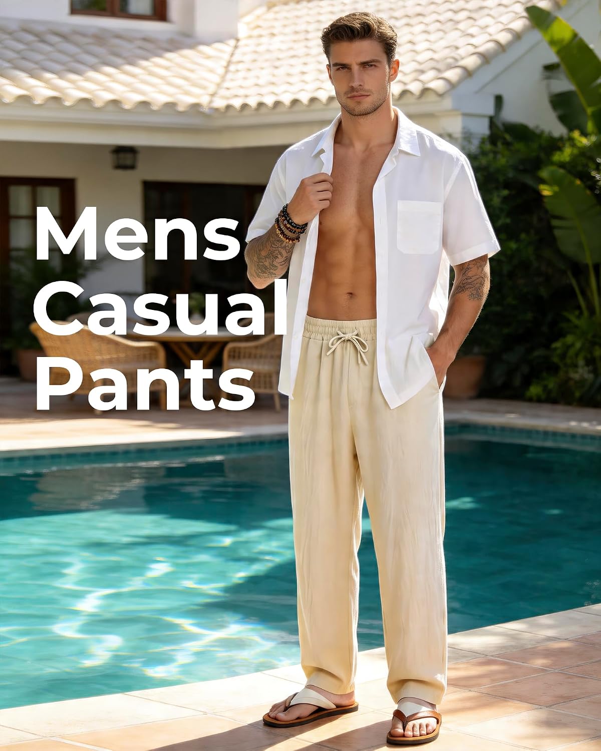 Men's Casual Pants Elastic Waist with Drawstring Loose Fit Beach Summer Trousers for Travel and Lounge Wear