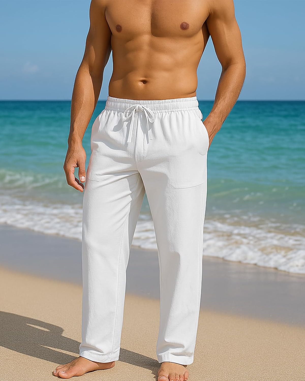 Men's Cotton Linen Pants Casual Summer Beach Lightweight Pants with Pockets