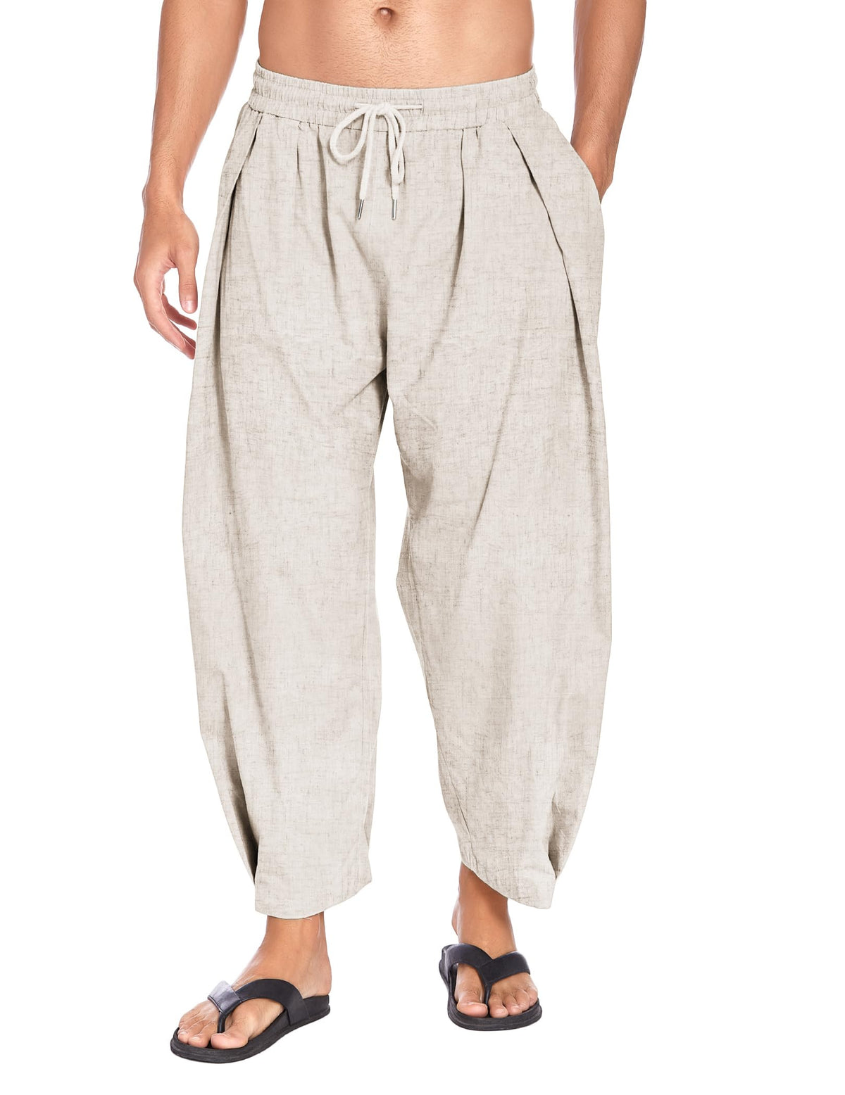 COOFANDY Men's Cotton Linen Harem Pants Drawstring Casual Cropped Trousers Lightweight Loose Beach Yoga Pants with Pockets