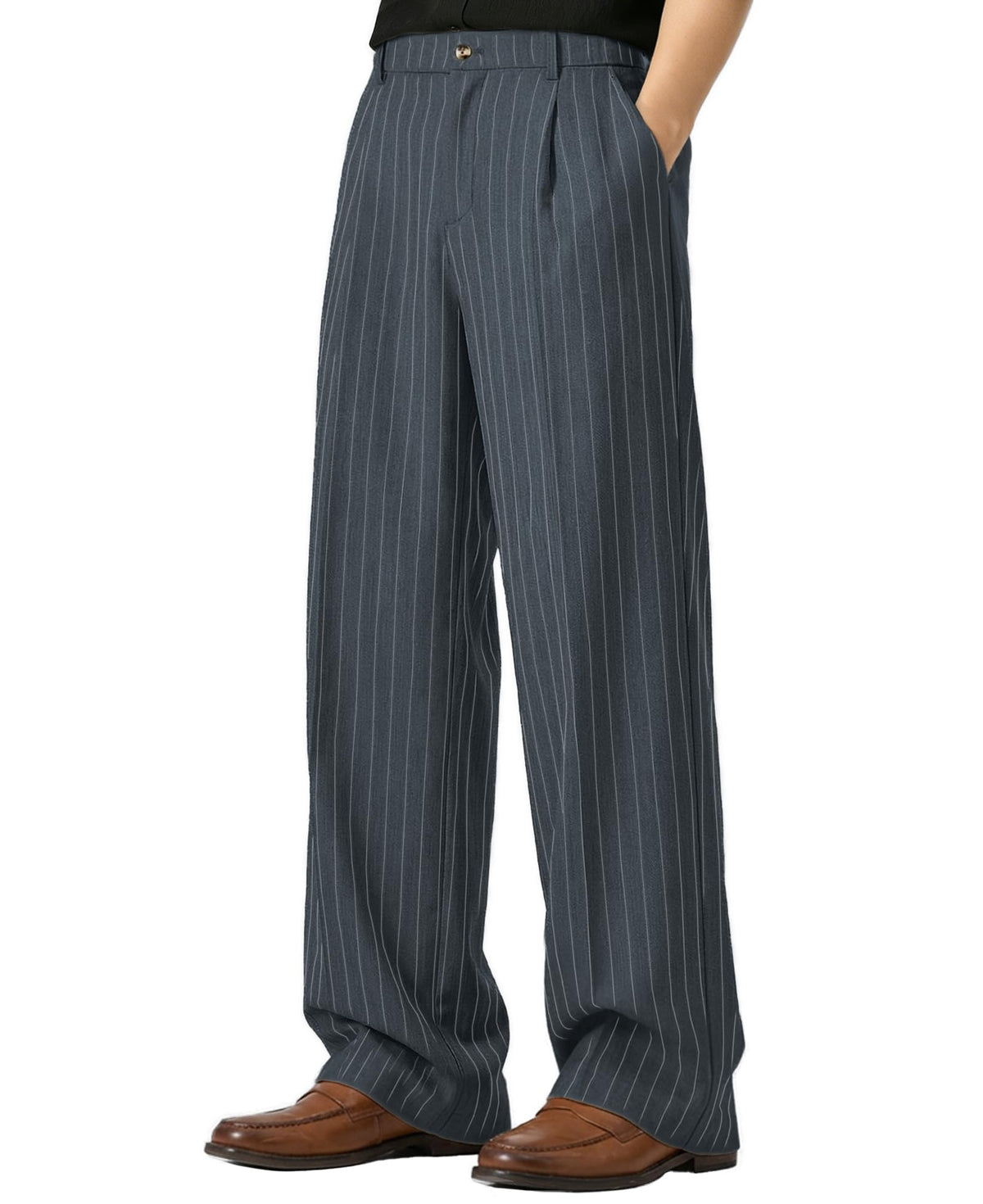 Susclude Mens Pinstripe Casual Dress Pants Old Money Wide Leg Baggy Pleated Slacks Elastic Wasist Loose Fit Work Trousers