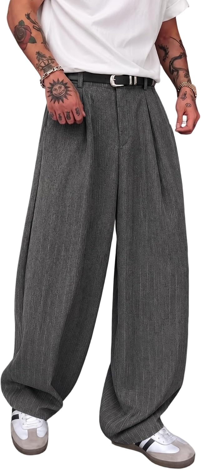 Men's Wide Leg Pinstripe Dress Pants, Relaxed Fit Elastic Waist Smart Casual Suit Trousers, Office Commuter Slacks