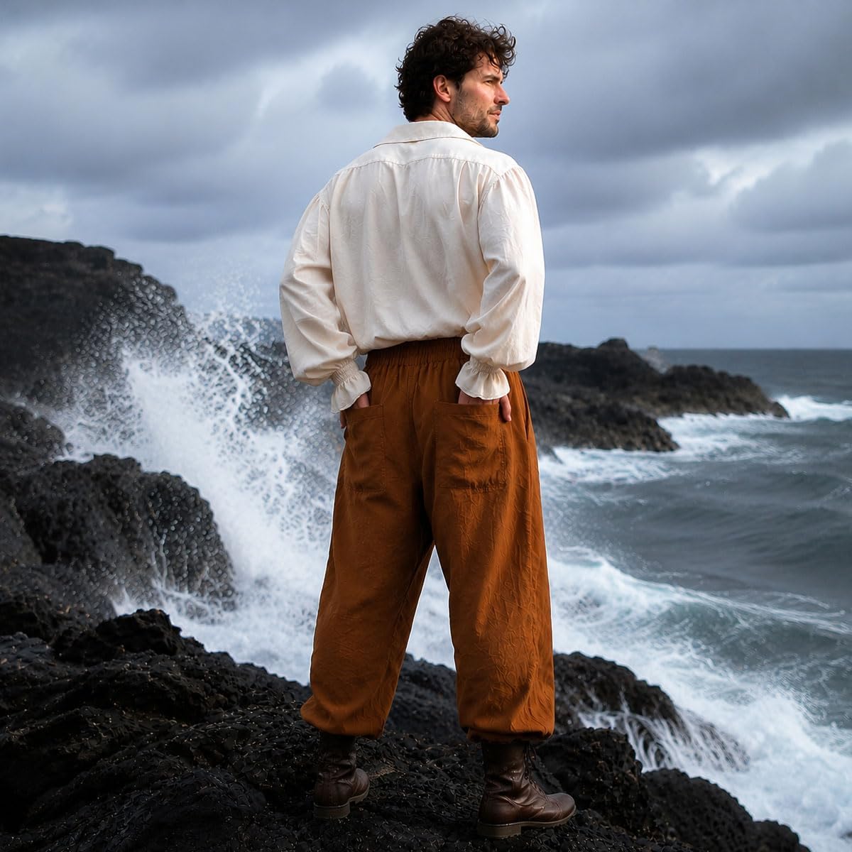 Men’s Renaissance Pirate Pants Wide Leg Cotton Medieval Trousers with Pockets for Ren Faire Cosplay