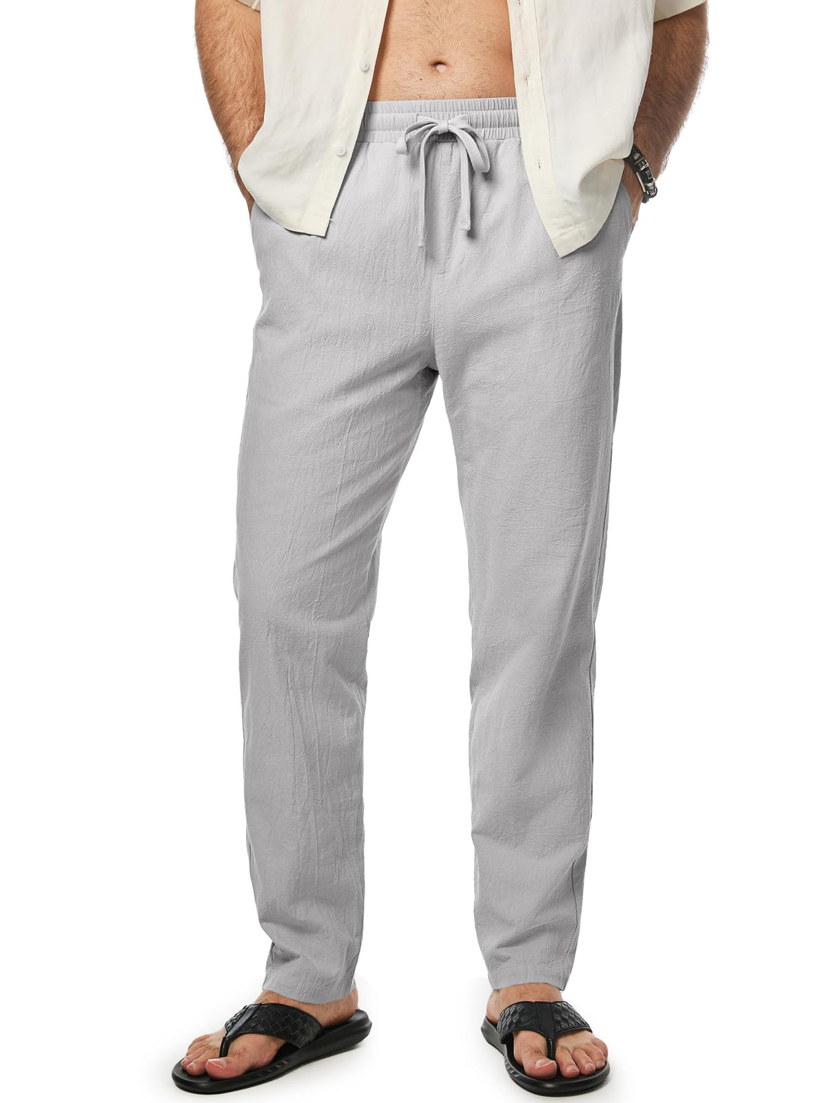 JMIERR Mens 100% Cotton Pants Casual Elastic Waist Drawstring Lightweight Summer Beach Trousers with Pockets