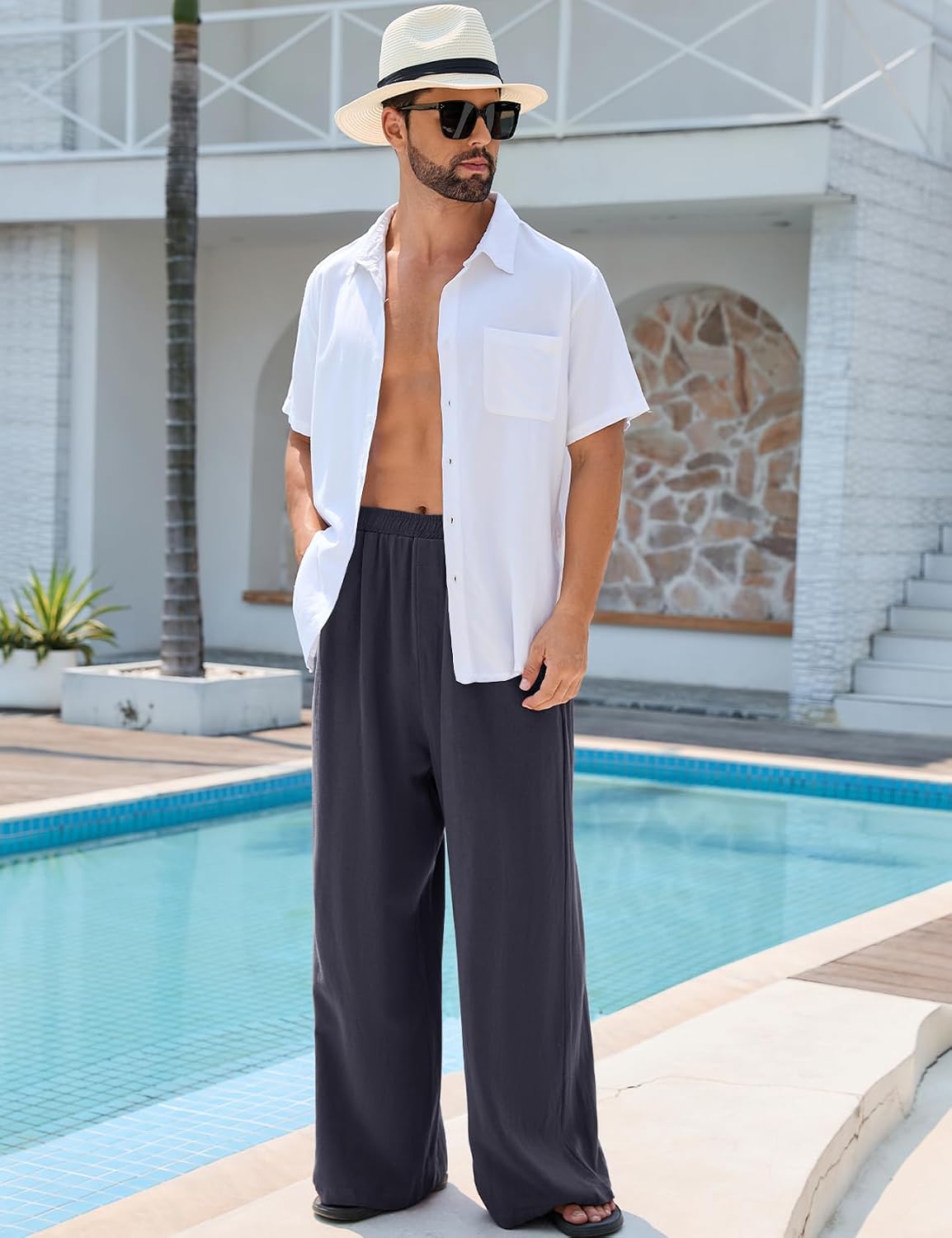 Kissonic Mens Casual Linen Pants Elastic Waist Cotton Wide Leg Trousers