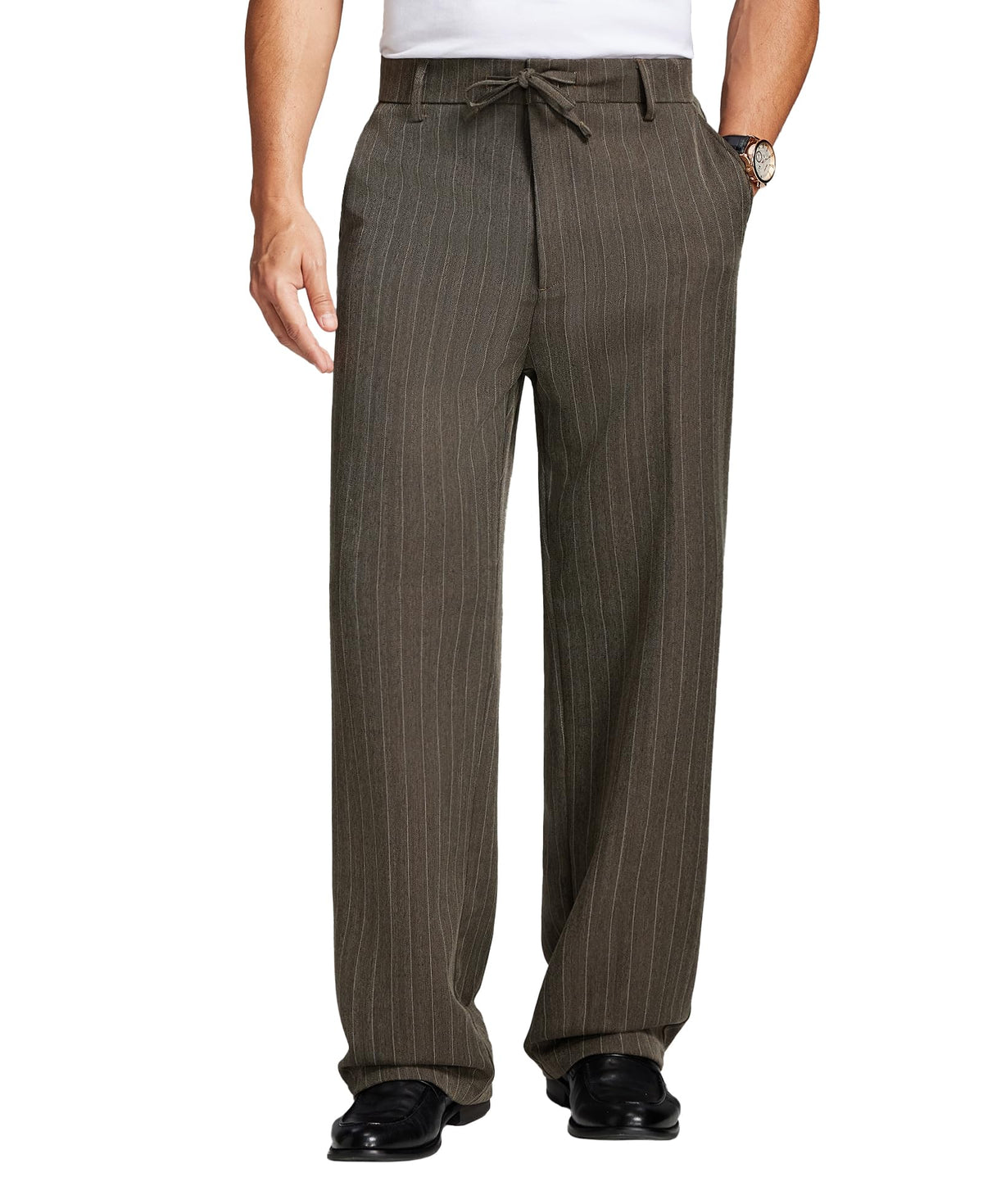 Susclude Mens Pinstripe Wide Leg Dress Pant Baggy Drawstring Trouser Street