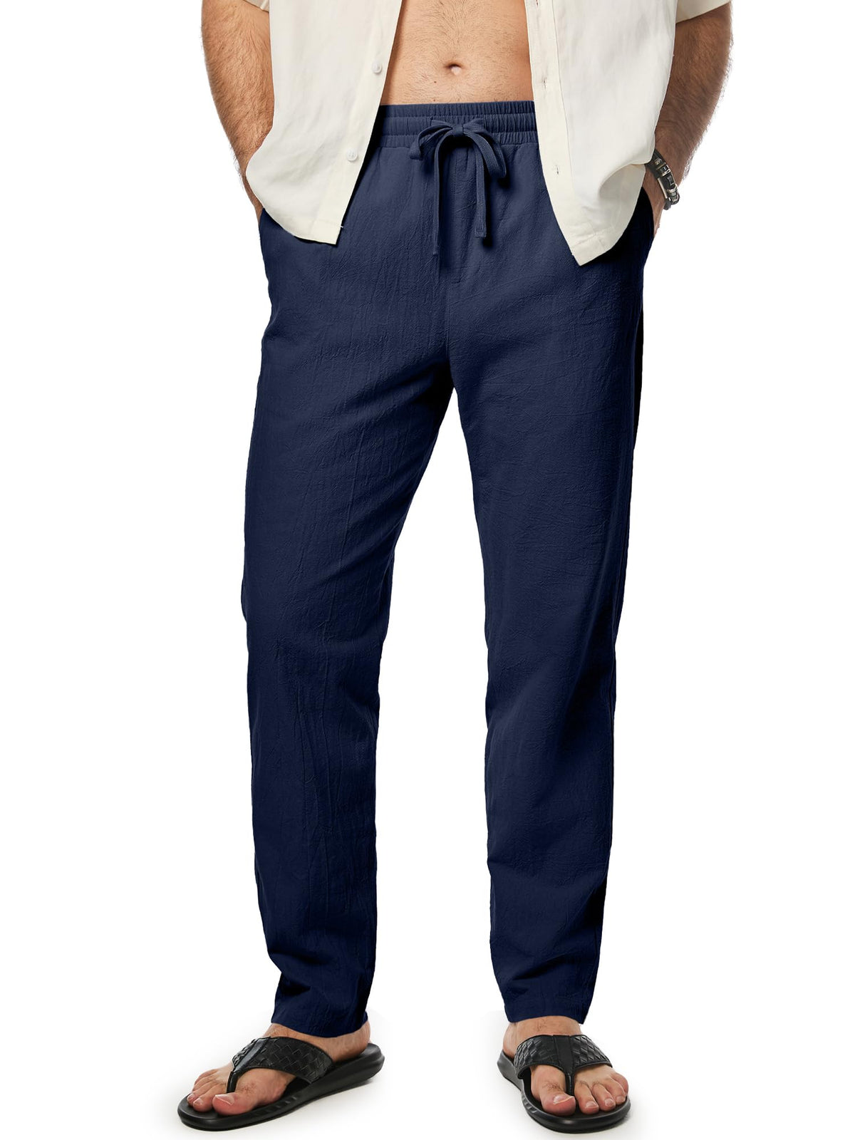 JMIERR Mens 100% Cotton Pants Casual Elastic Waist Drawstring Lightweight Summer Beach Trousers with Pockets
