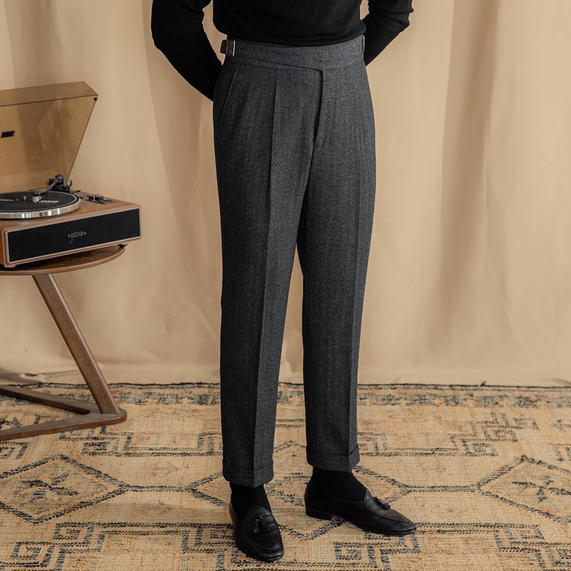 Men Trousers Vintage Tweed Blend Pants Herringbone Slim Fit Pleat-Front Pant