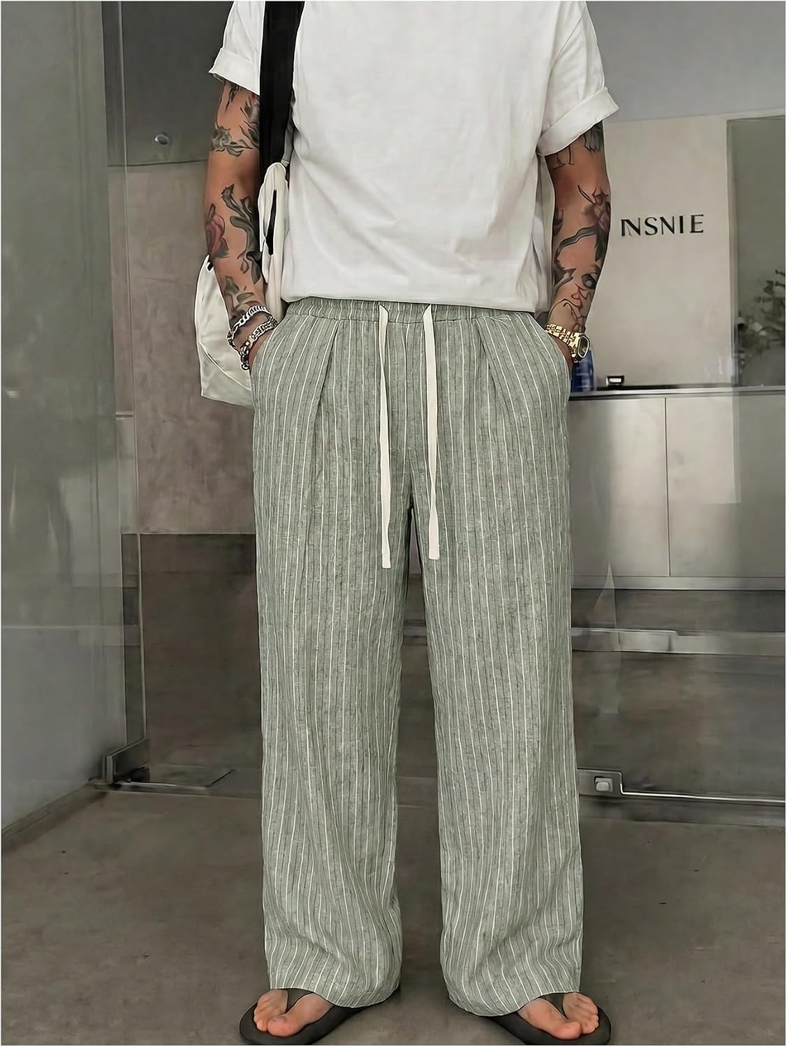 SOLY HUX Men's Striped Baggy Wide Leg Pants Drawstring Pants Trousers