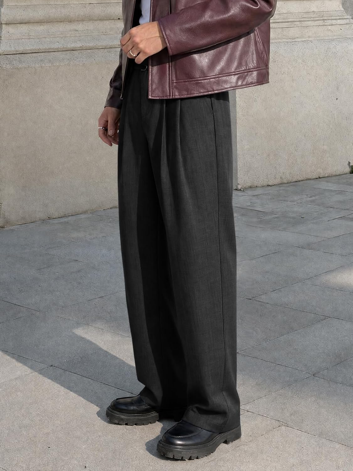 Runcati Mens Casual Dress Pants Elastic Waist Pleated Baggy Wide Leg Slacks