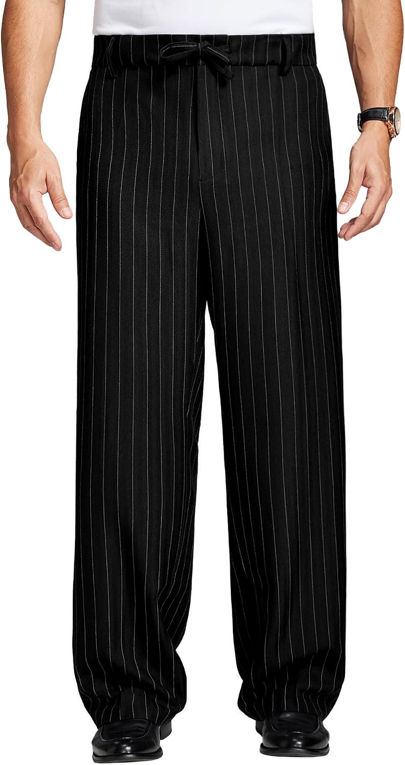 Susclude Mens Pinstripe Wide Leg Dress Pant Baggy Drawstring Trouser Street