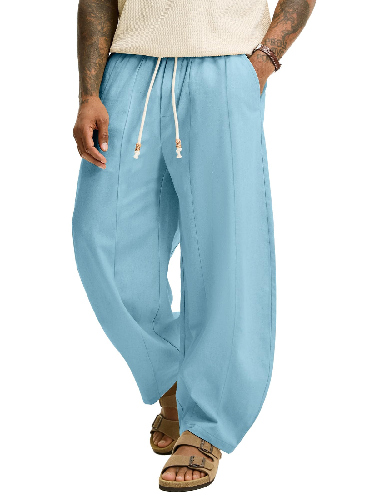 JEMLDL Men's Baggy Linen Cotton Pants Drawstring Summer Beach Vacation Pant