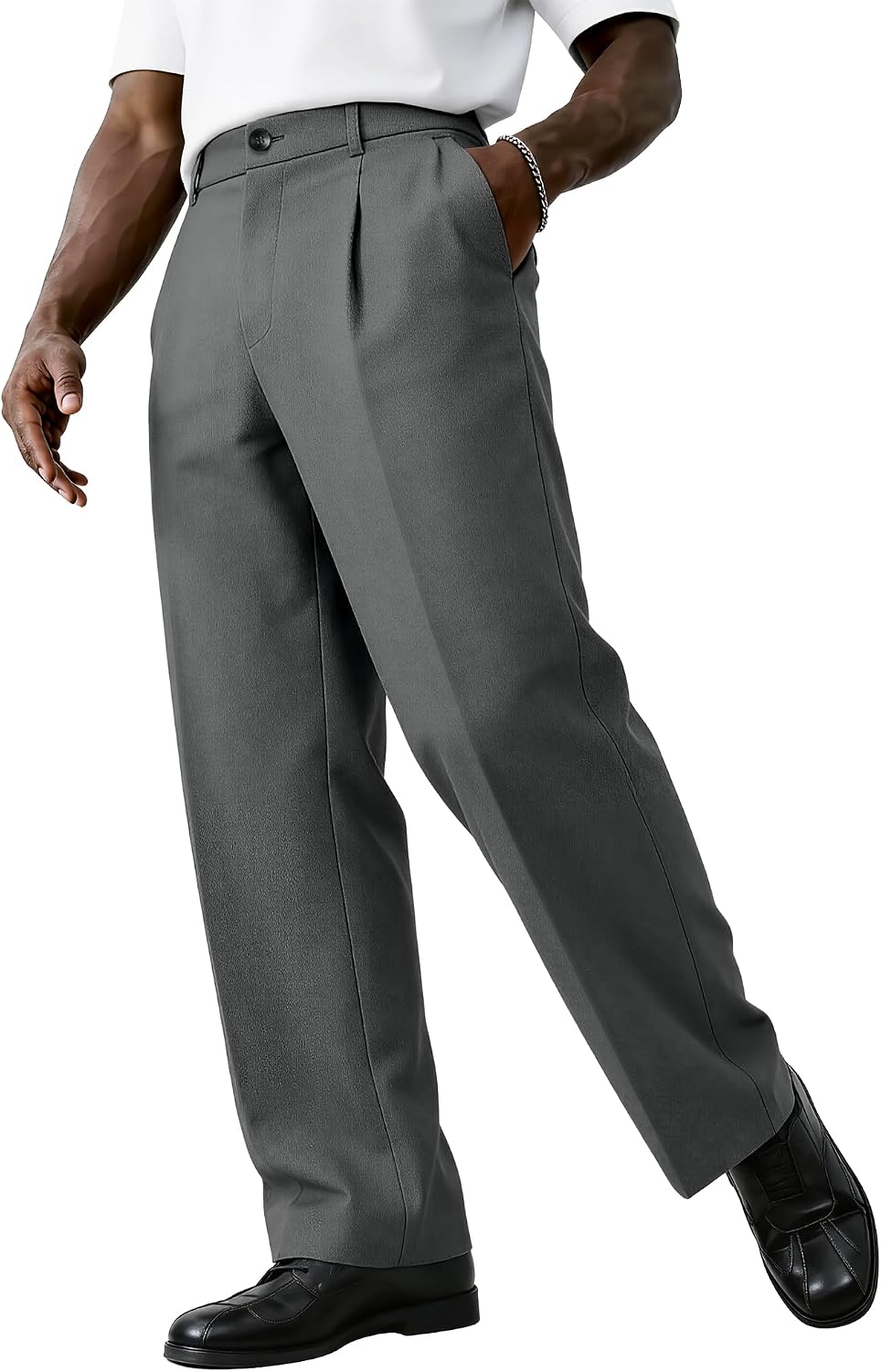 PLEPAN Men's Baggy Dress Pants Pleated Wide Leg Relaxed Fit Slacks