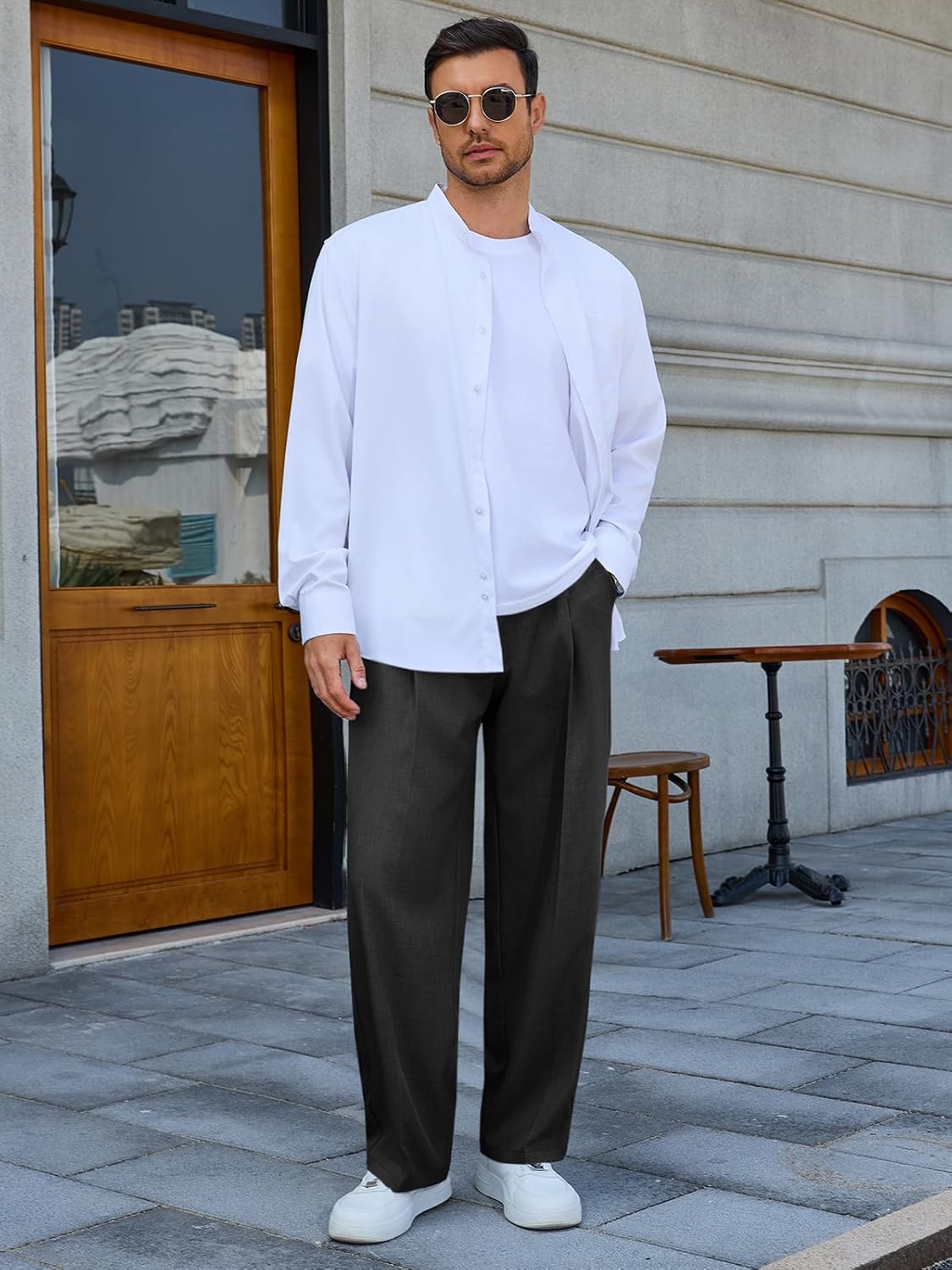 Runcati Mens Casual Dress Pants Elastic Waist Pleated Baggy Wide Leg Slacks