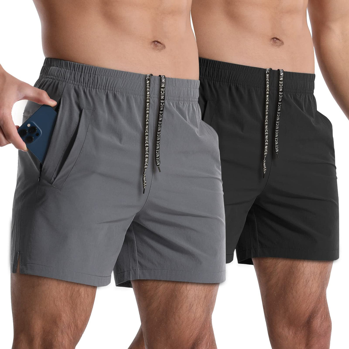 2 Pack Mens Athletic Shorts 5" Gym Workout Running Zipper Pockets