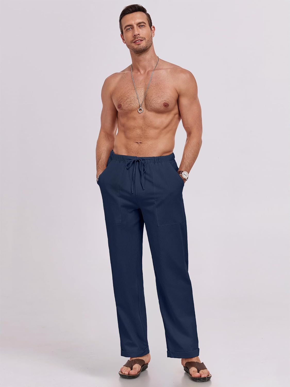 Puimentiua Mens Cotton Linen Pants Casual Loose Fit Summer Beach Pants