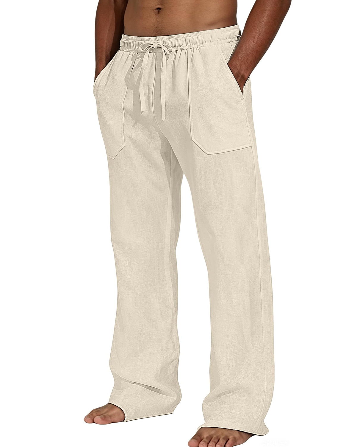 Men's Cotton Linen Casual Pants Elastic Waist Drawstring Loose Straight Leg Lightweight Summer Beach Yoga Lounge Trousers