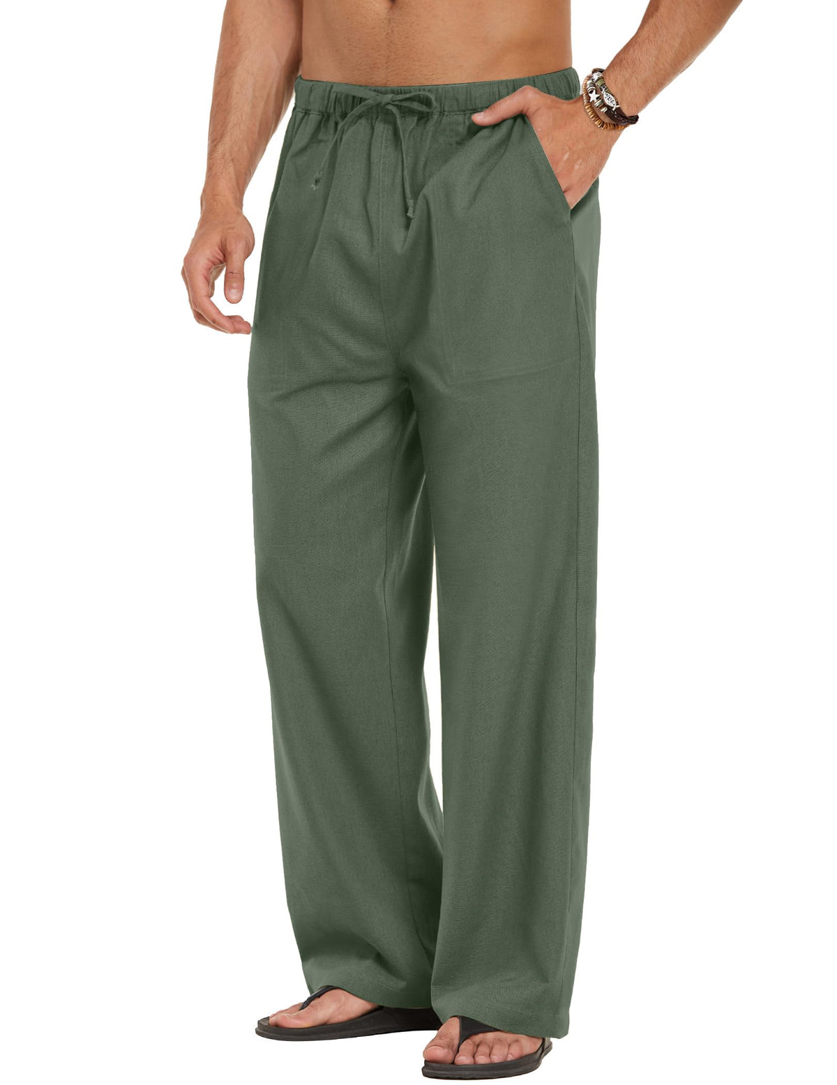 COOFANDY Men Linen Pants Casual Elastic Waist Drawstring Pants Summer Beach