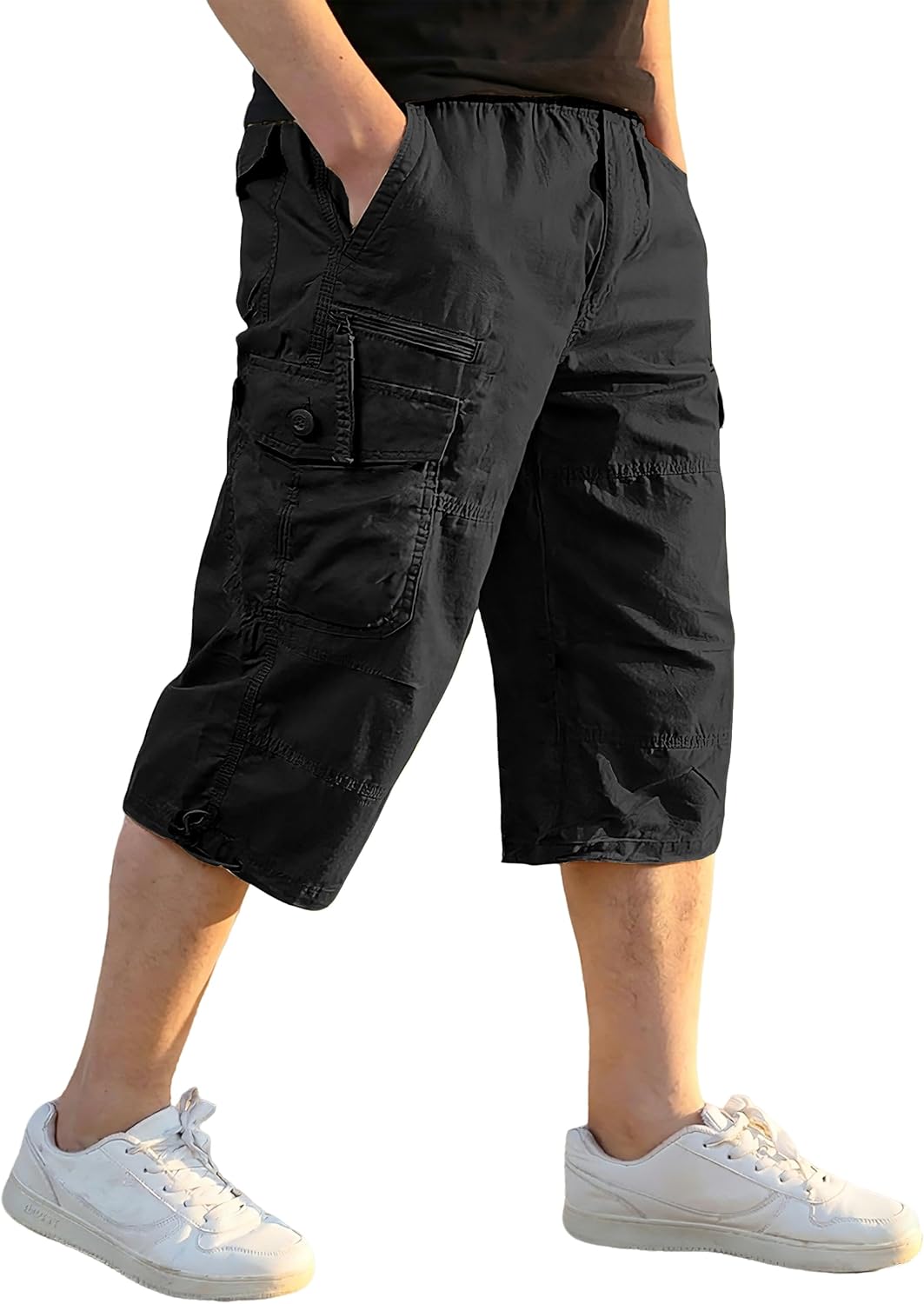 EKLENTSON Men's Cargo Shorts Knee Length Summer Shorts Cotton Capri Short