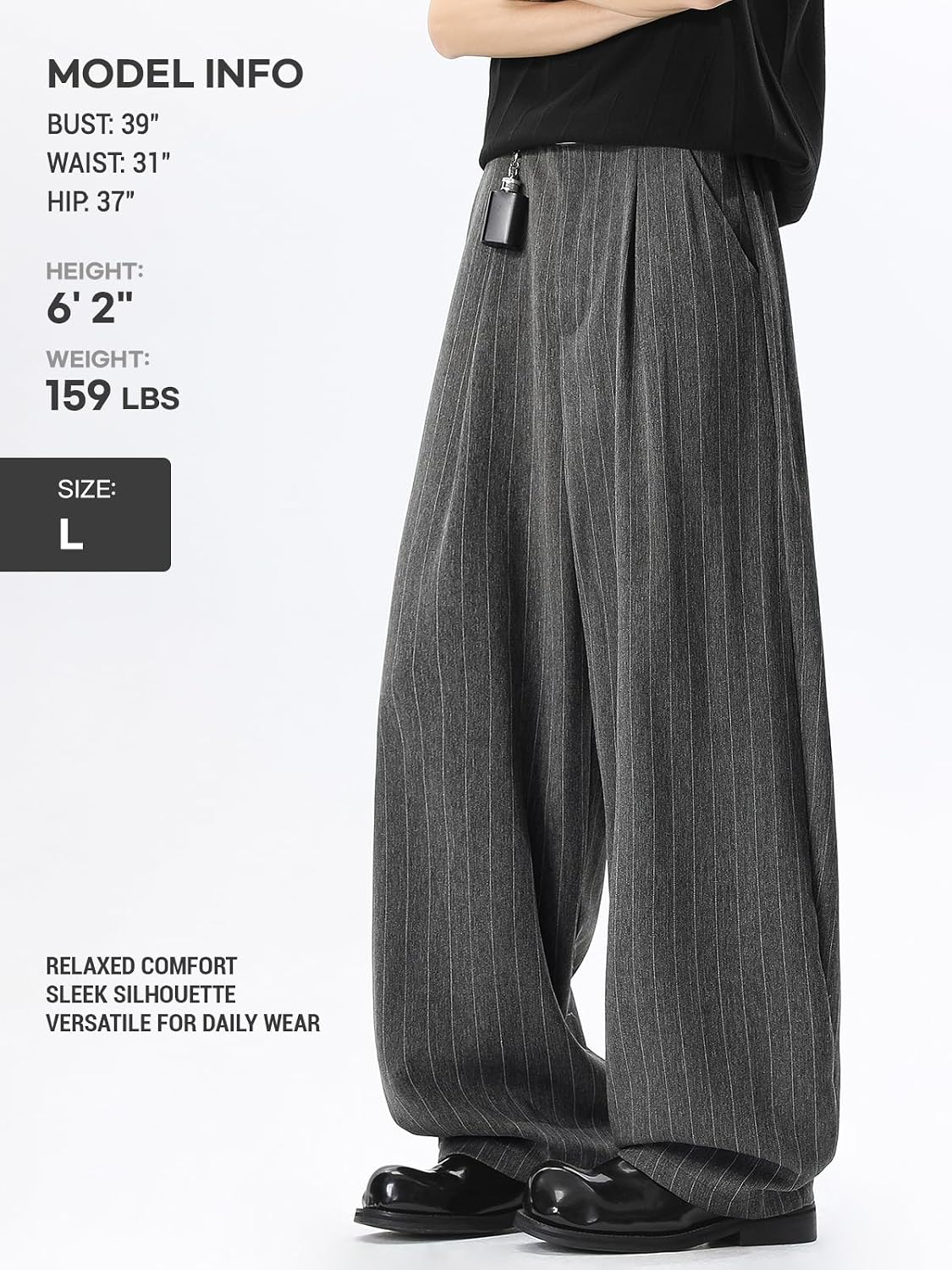 Men's Wide Leg Pinstripe Dress Pants, Relaxed Fit Elastic Waist Smart Casual Suit Trousers, Office Commuter Slacks
