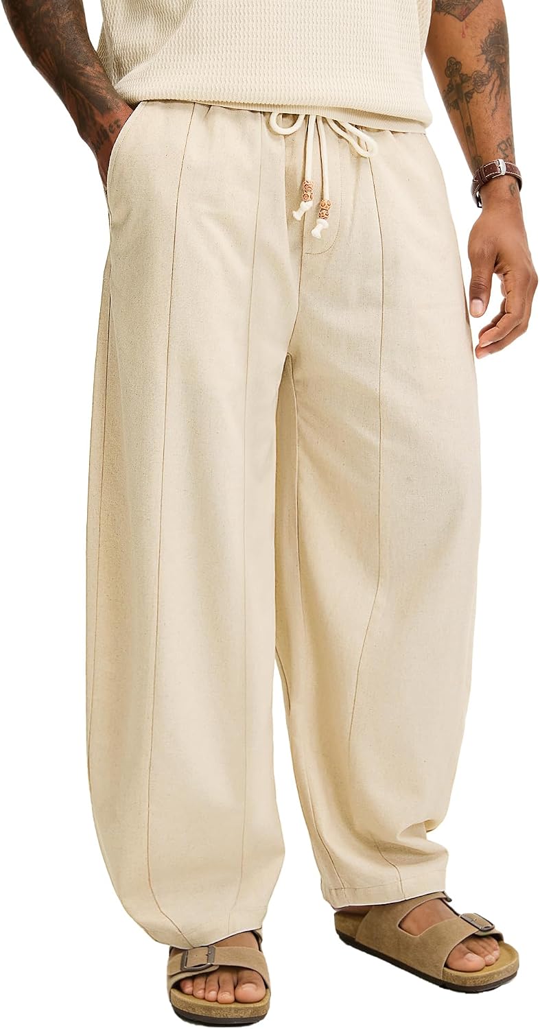 JEMLDL Men's Baggy Linen Cotton Pants Drawstring Summer Beach Vacation Pant