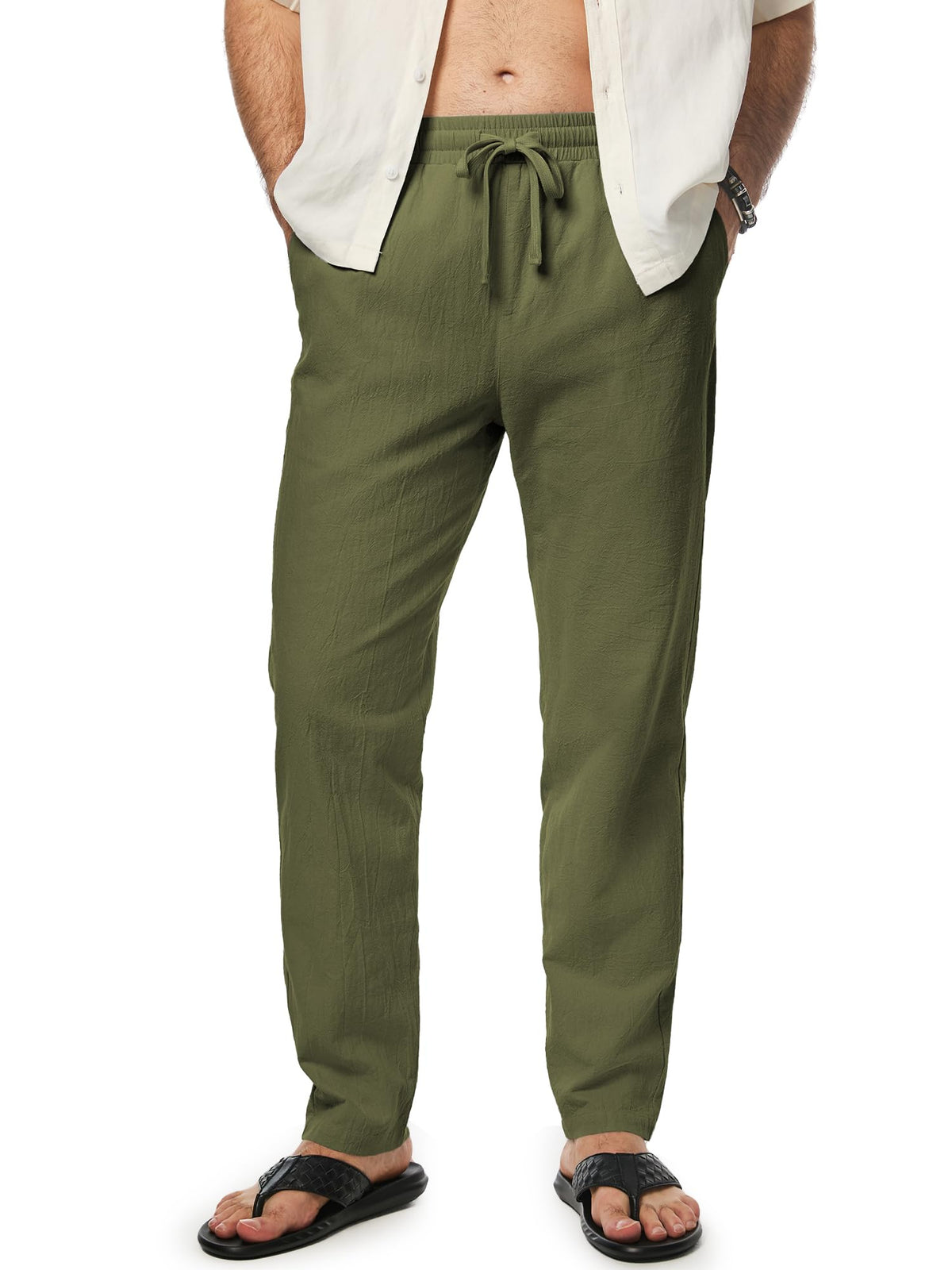 JMIERR Mens 100% Cotton Pants Casual Elastic Waist Drawstring Lightweight Summer Beach Trousers with Pockets
