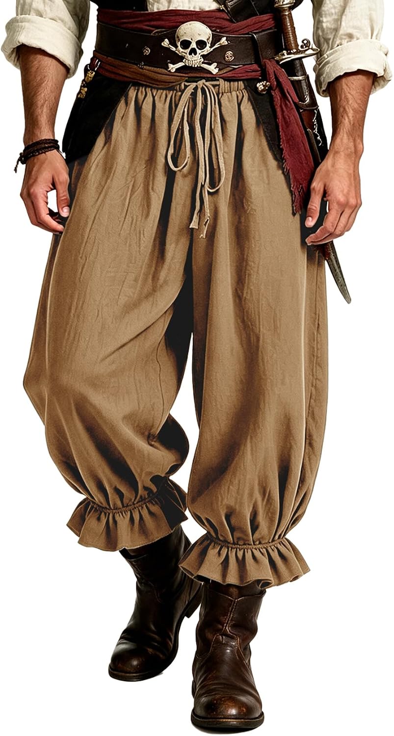 Runcati Mens Medieval Pirate Pants Renaissance Viking Baggy Harem Trousers