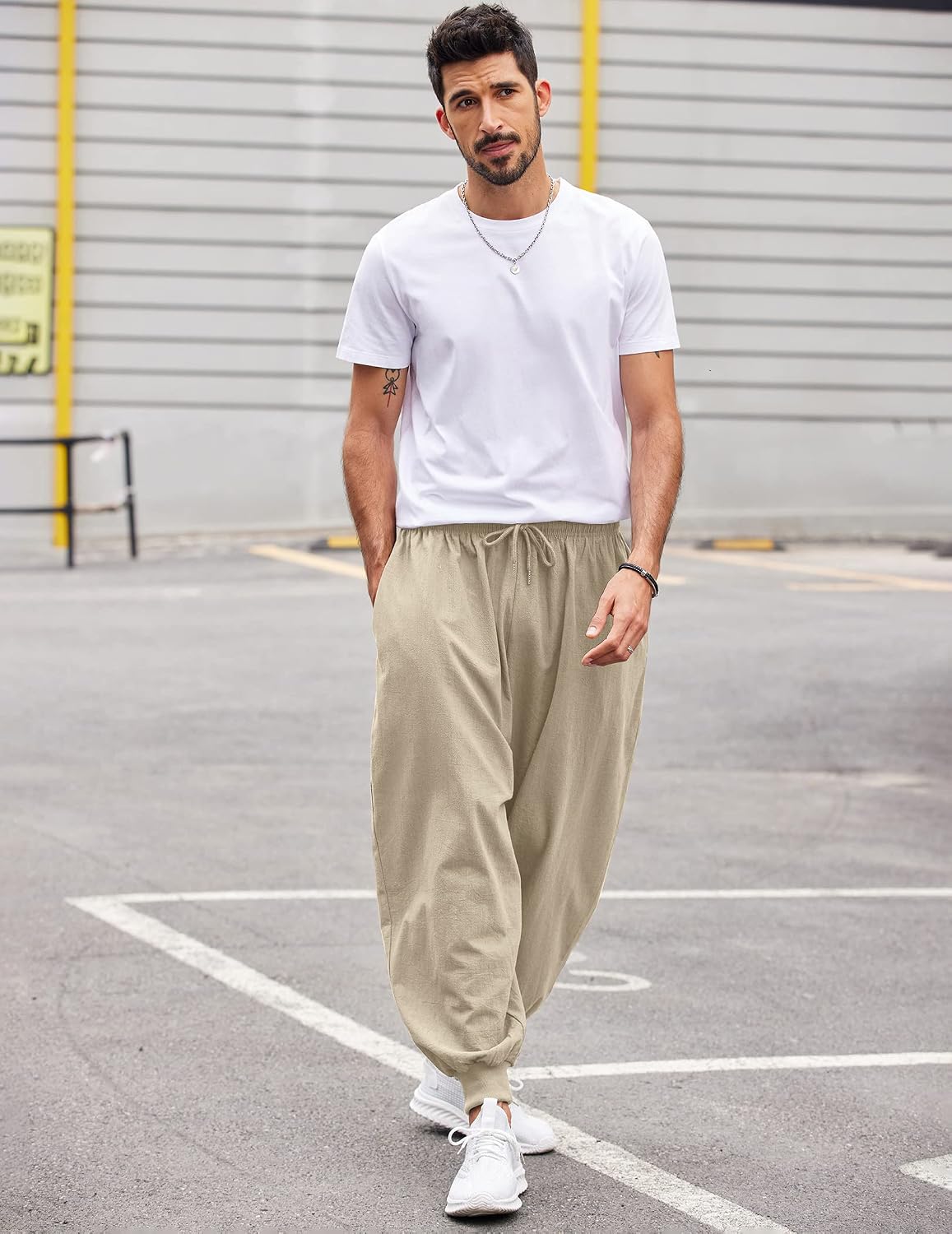 COOFANDY Men Hippie Harem Pants Baggy Linen Cotton Boho Yoga Pants Summer Beach Pants Casual Drop Crotch Trouser