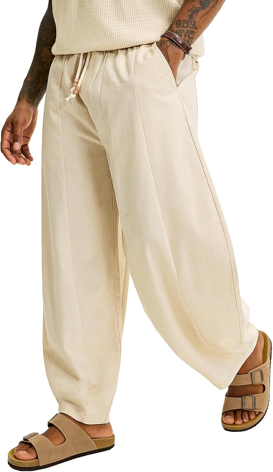 JEMLDL Men's Baggy Linen Cotton Pants Drawstring Summer Beach Vacation Pant