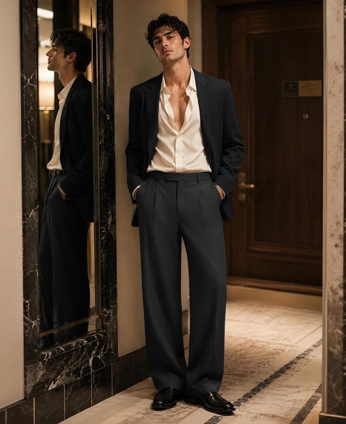 Susclude Mens Plaid Casual Dress Pants Old Money Wide Leg Baggy Pleated Slacks Elastic Waist Work Vacation Trousers