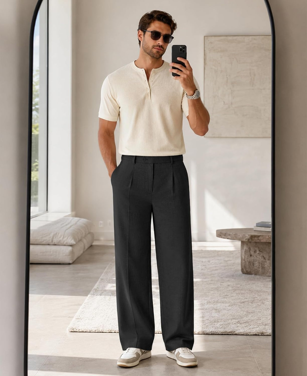 Susclude Mens Plaid Casual Dress Pants Old Money Wide Leg Baggy Pleated Slacks Elastic Waist Work Vacation Trousers